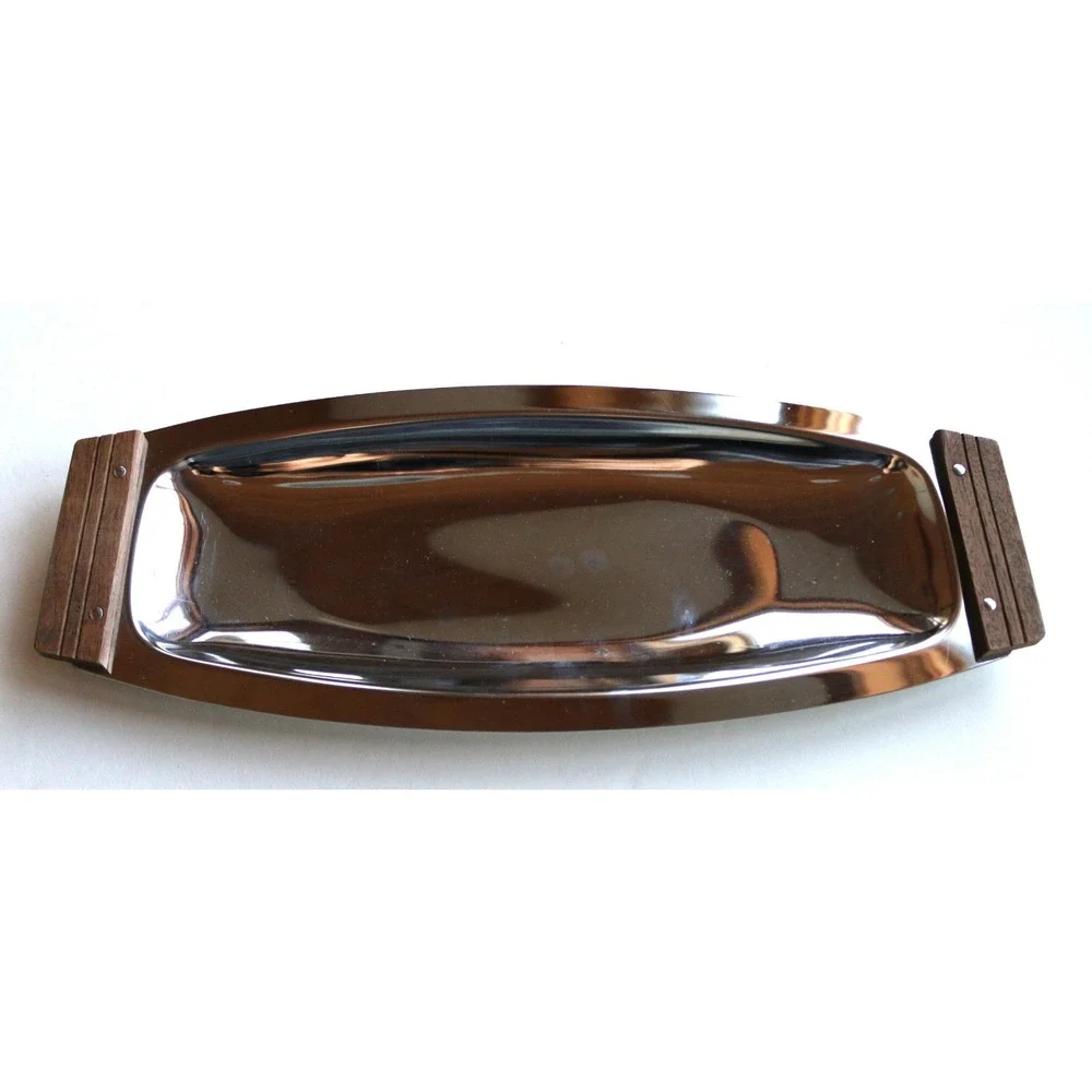 Vintage Chrome Kromex Serving Tray with‎ Wood Handles Original Label